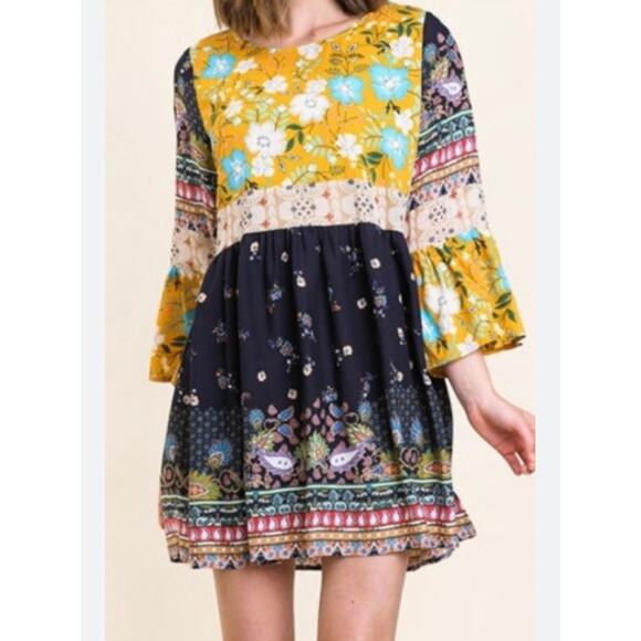 Umgee Dresses & Skirts - Umgee Navy Gold Mixed Print Boho Peasant Dress Small